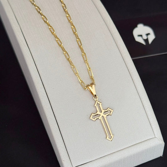 Corrente Cadeado Alongado 3mm e Pingente Cruz Vazada Banhado a Ouro 18K
