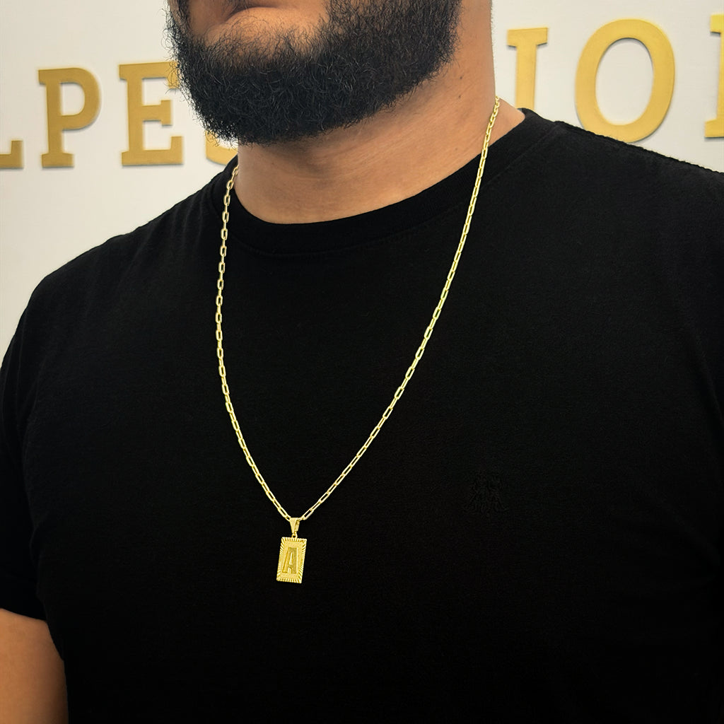 Corrente Cadeado Alongado 3mm e Pingente Letra Banhado a Ouro 18K