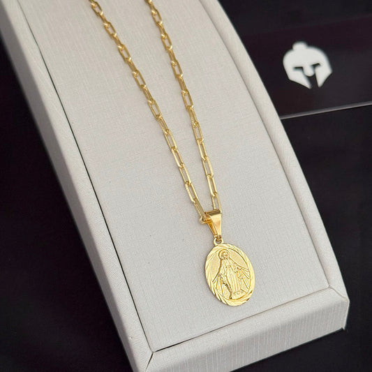Corrente Cadeado Alongado 3mm e Pingente Nossa Senhora das Graças Banhado a Ouro 18K