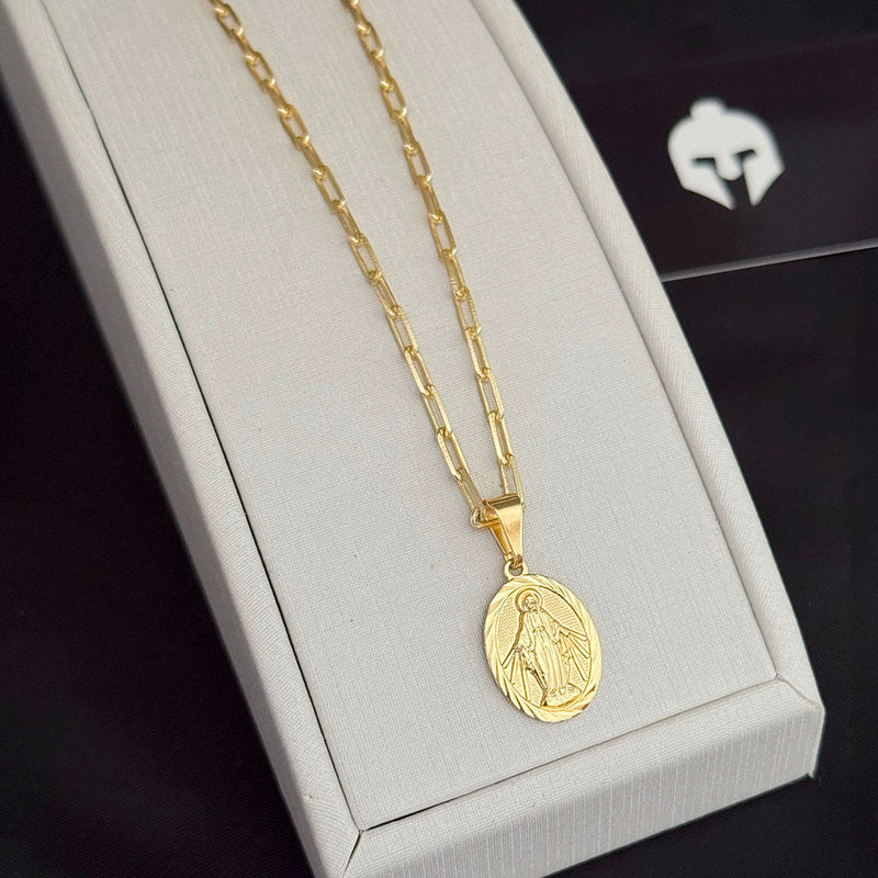 Corrente Cadeado Alongado 3mm e Pingente Nossa Senhora das Graças Banhado a Ouro 18K