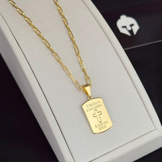 Corrente Cadeado Alongado 3mm e Pingente Senhor é Meu Pastor Banhado a Ouro 18K