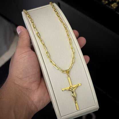 Corrente Cadeado Alongado 4mm e Pingente Crucifixo 3D Banhado a Ouro 18K