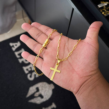 Corrente Cadeado Alongado 4mm e Pingente Cruz Banhado a Ouro 18K
