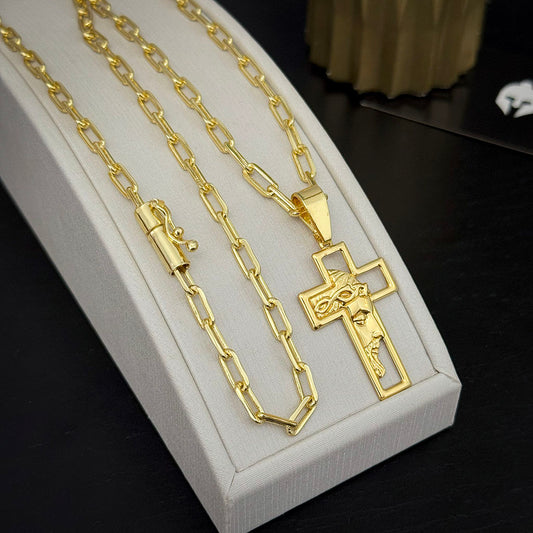 Corrente Cadeado Alongado 4mm e Pingente Cruz Rosto Banhado a Ouro 18K
