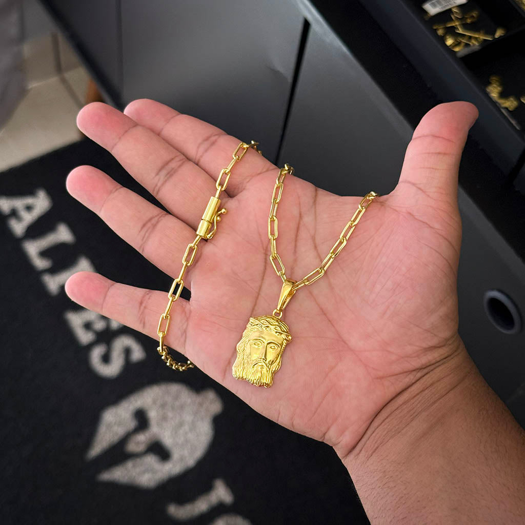 Corrente Cadeado Alongado 4mm e Pingente Face de Jesus Banhado a Ouro 18K