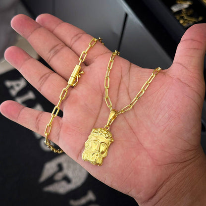 Corrente Cadeado Alongado 4mm e Pingente Face de Jesus Banhado a Ouro 18K