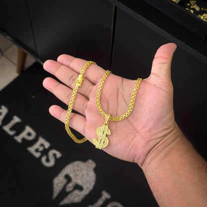 Corrente Cadeado Duplo 6mm e Pingente Cifrão Cravejado Banhado a Ouro 18K