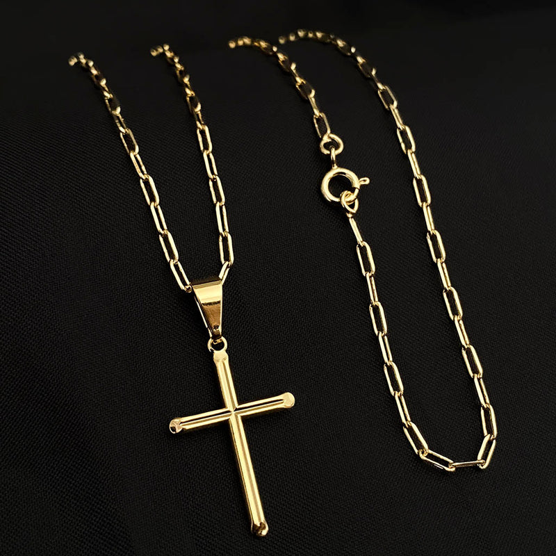 Corrente Cartie 2mm e Pingente Crucifixo Relevo Banhado a Ouro 18K