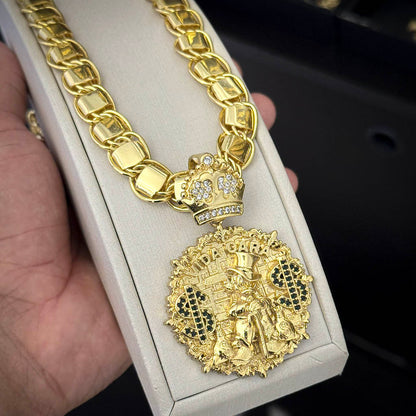 Corrente Dubai 12mm e Pingente Vida Cara Banhado a Ouro 18K