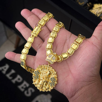 Corrente Dubai 12mm e Pingente Vida Cara Banhado a Ouro 18K