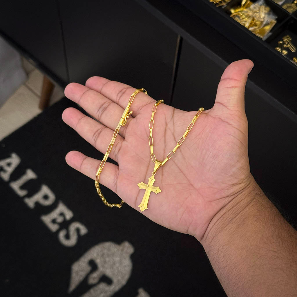 Corrente Elo Alongado 4mm e Pingente Cruz Ponta Aberta Banhado a Ouro 18K
