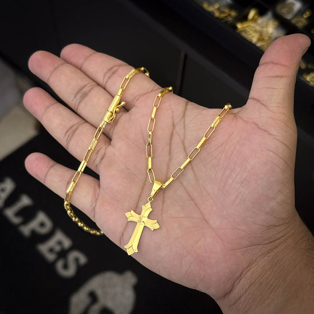 Corrente Elo Alongado 4mm e Pingente Cruz Ponta Aberta Banhado a Ouro 18K