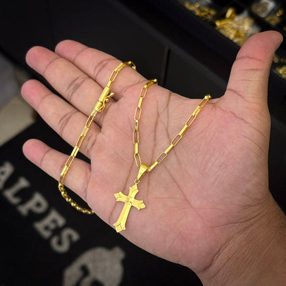 Corrente Elo Alongado 4mm e Pingente Cruz Ponta Aberta Banhado a Ouro 18K