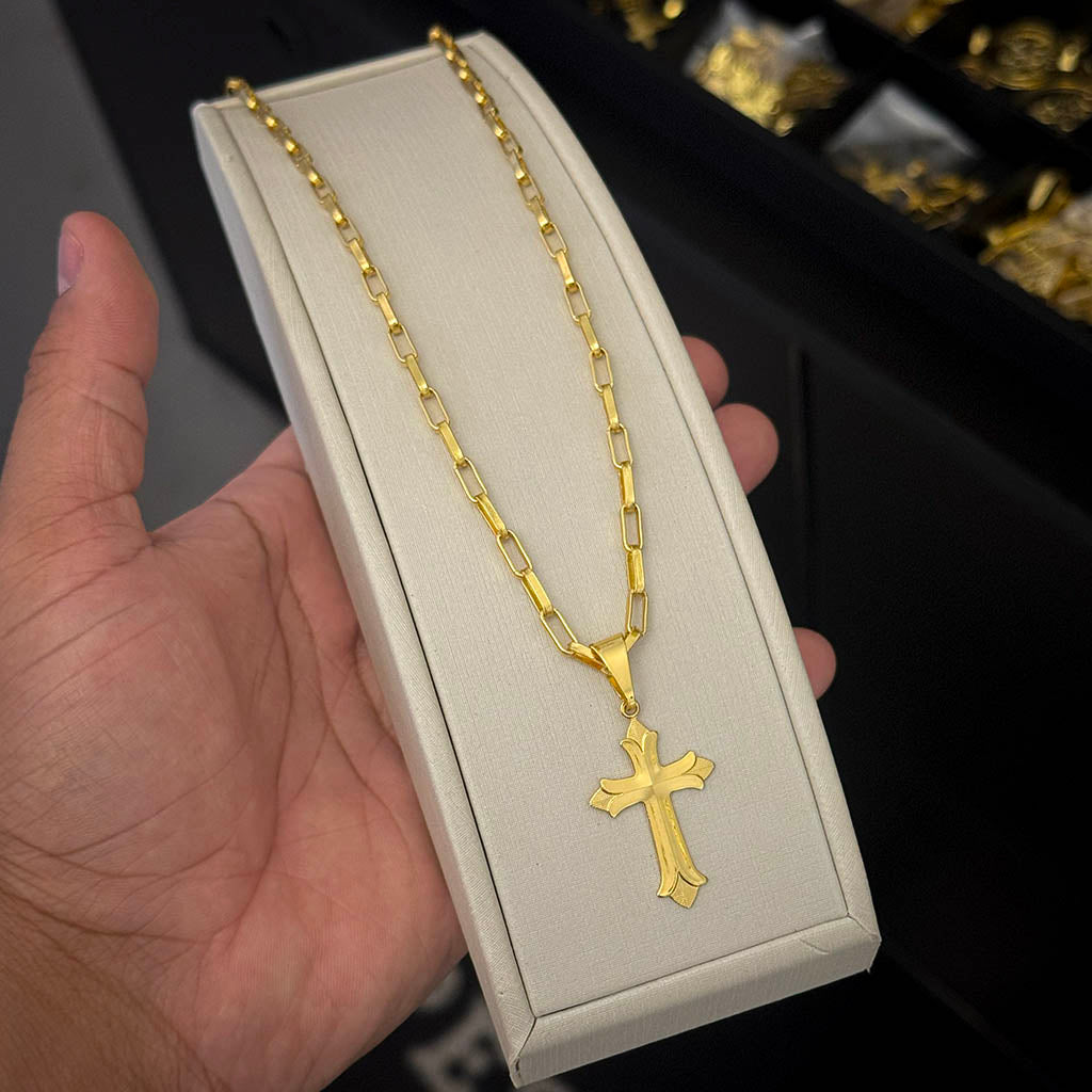 Corrente Elo Alongado 4mm e Pingente Cruz Ponta Aberta Banhado a Ouro 18K