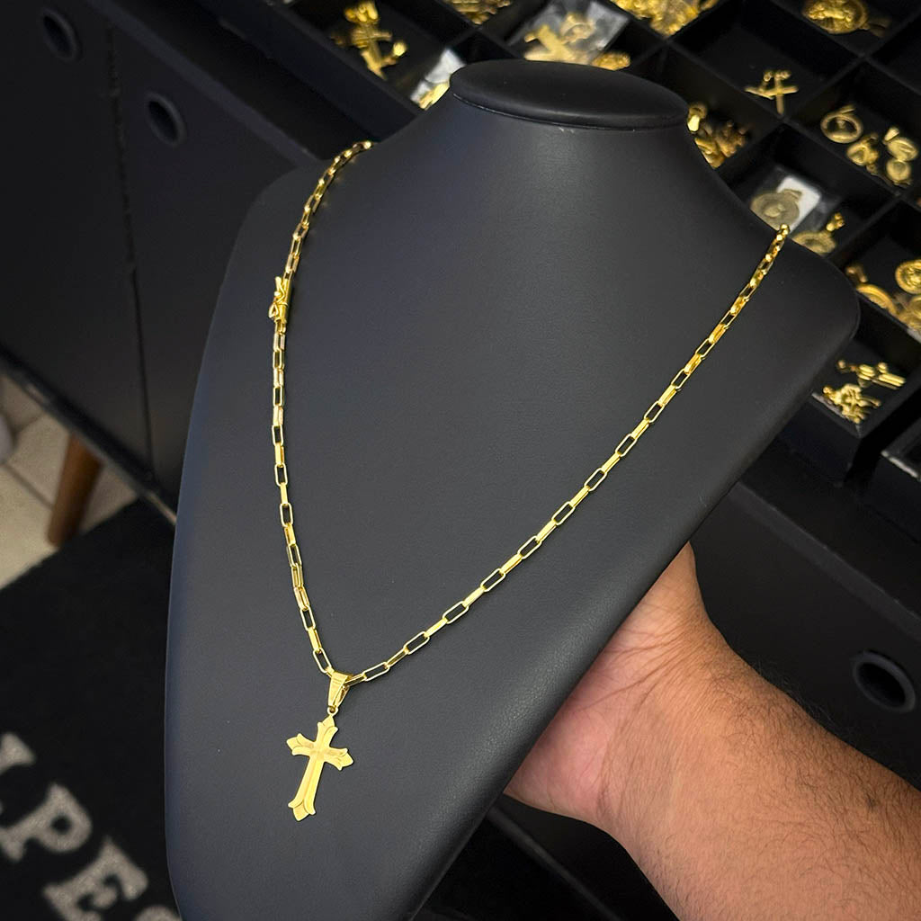 Corrente Elo Alongado 4mm e Pingente Cruz Ponta Aberta Banhado a Ouro 18K