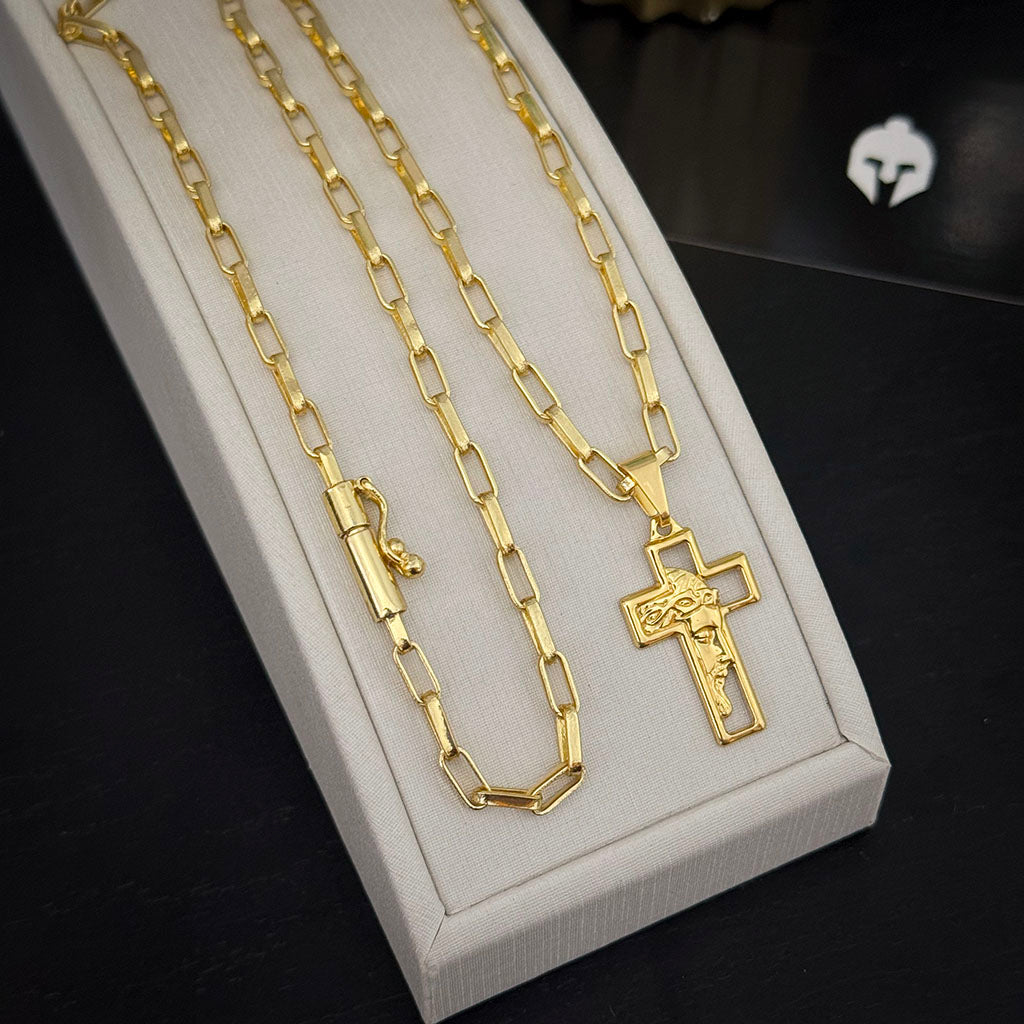 Corrente Elo Alongado 4mm e Pingente Cruz Rosto de Cristo Banhado a Ouro 18K