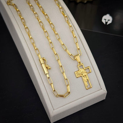 Corrente Elo Alongado 4mm e Pingente Cruz Rosto de Cristo Banhado a Ouro 18K