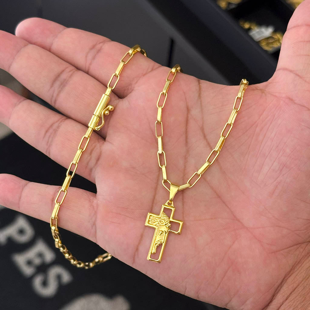 Corrente Elo Alongado 4mm e Pingente Cruz Rosto de Cristo Banhado a Ouro 18K