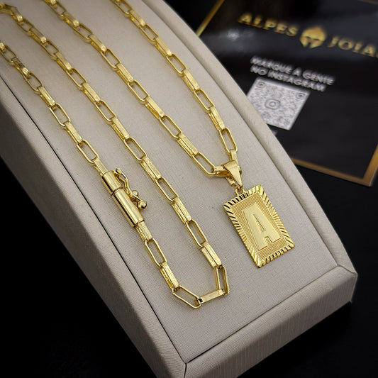 Corrente Elo Alongado 4mm e Pingente Letra Banhado a Ouro 18K