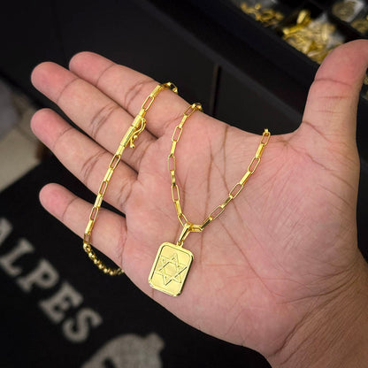 Corrente Elo Alongado 4mm e Pingente Placa Estrela de Davi Banhado a Ouro 18K