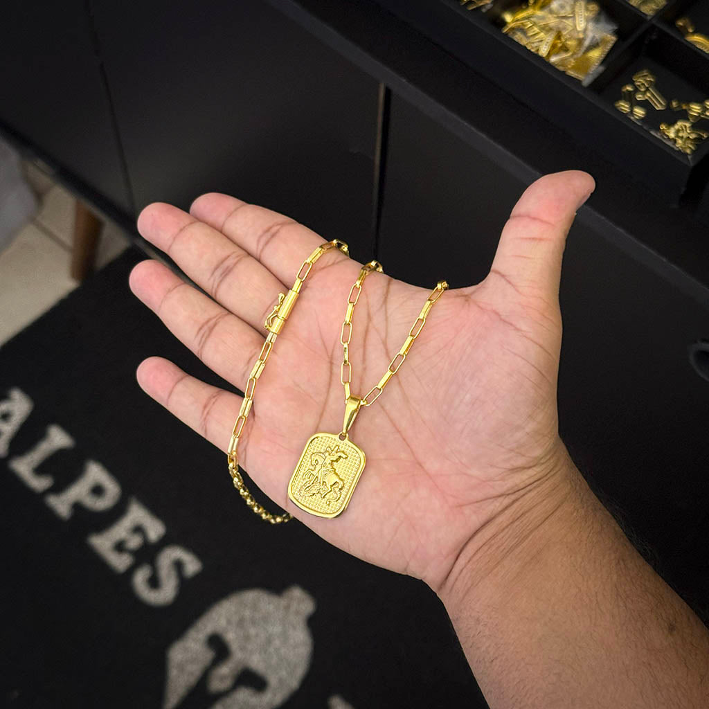 Corrente Elo Alongado 4mm e Pingente Placa São Jorge Banhado a Ouro 18K