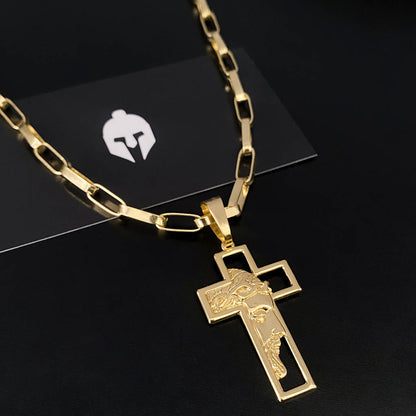 Corrente Elo Alongado 5mm e Pingente Cruz Rosto de Cristo Vazada Banhado a Ouro 18K