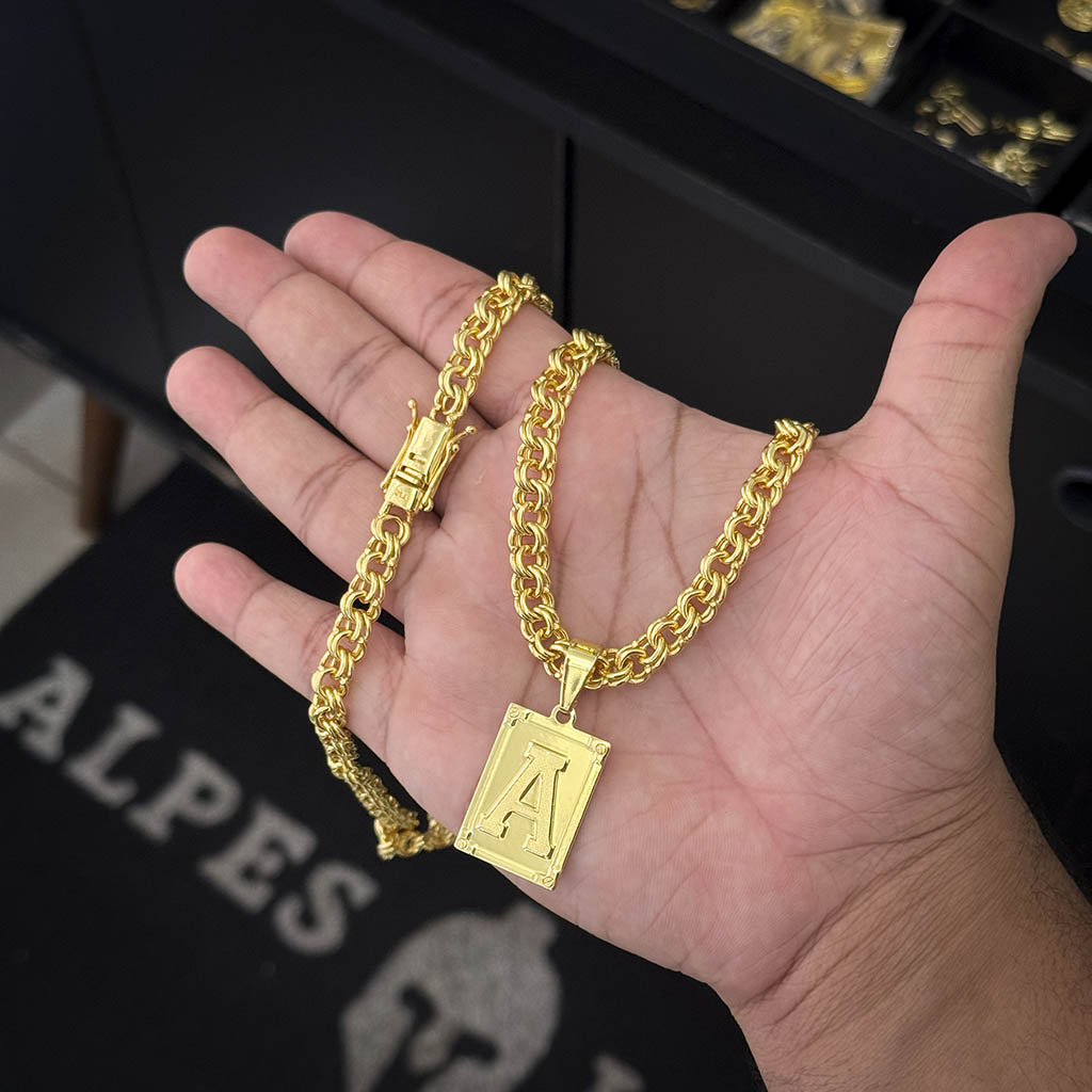 Corrente Friso Duplo 6mm e Pingente Letra Banhado a Ouro 18K