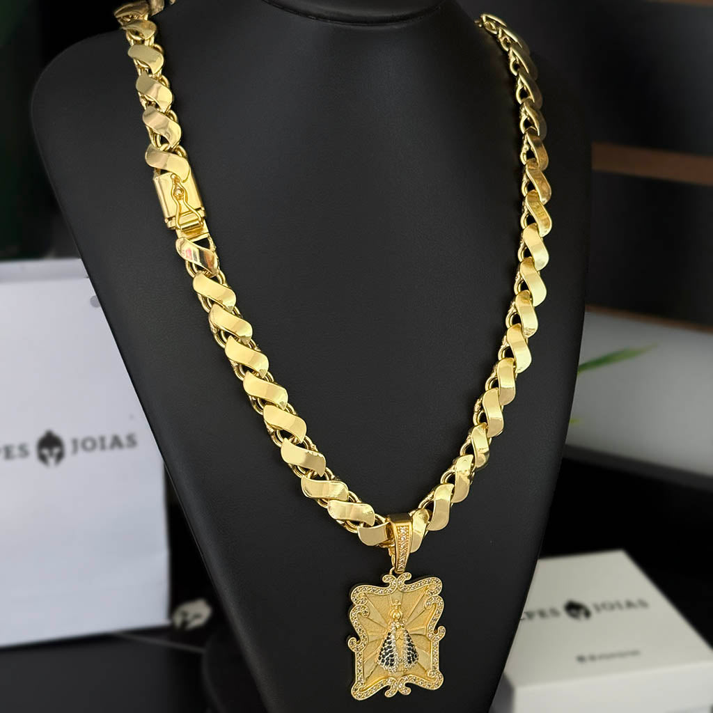 Corrente Friso S 13mm e Pingente Nossa Senhora Moldura Banhado a Ouro 18K