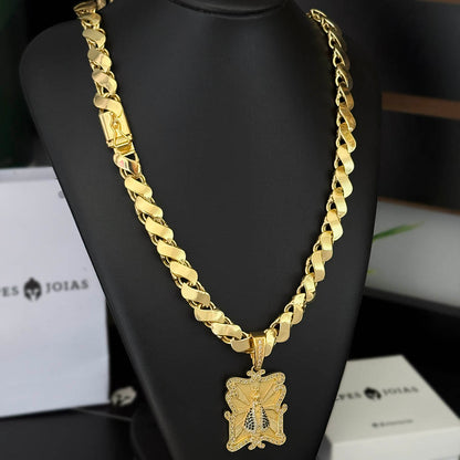 Corrente Friso S 13mm e Pingente Nossa Senhora Moldura Banhado a Ouro 18K