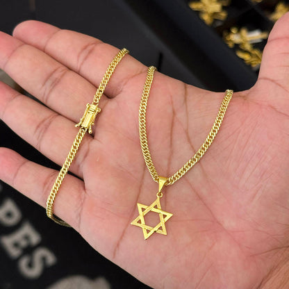 Corrente Grumet 3mm e Pingente Estrela de Davi Banhado a Ouro 18K