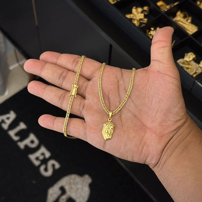 Corrente Grumet 3mm e Pingente Face de Cristo 3D Banhado a Ouro 18K