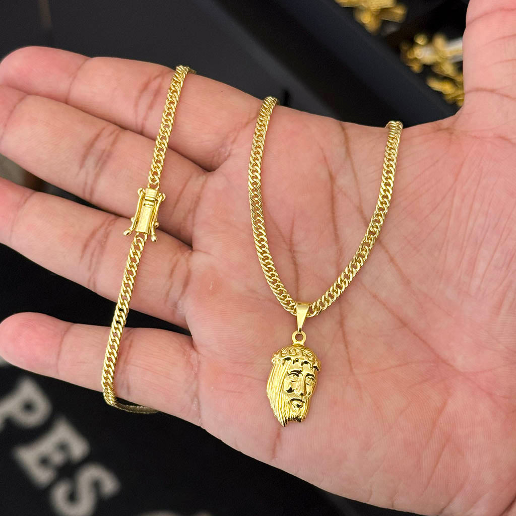 Corrente Grumet 3mm e Pingente Face de Cristo 3D Banhado a Ouro 18K