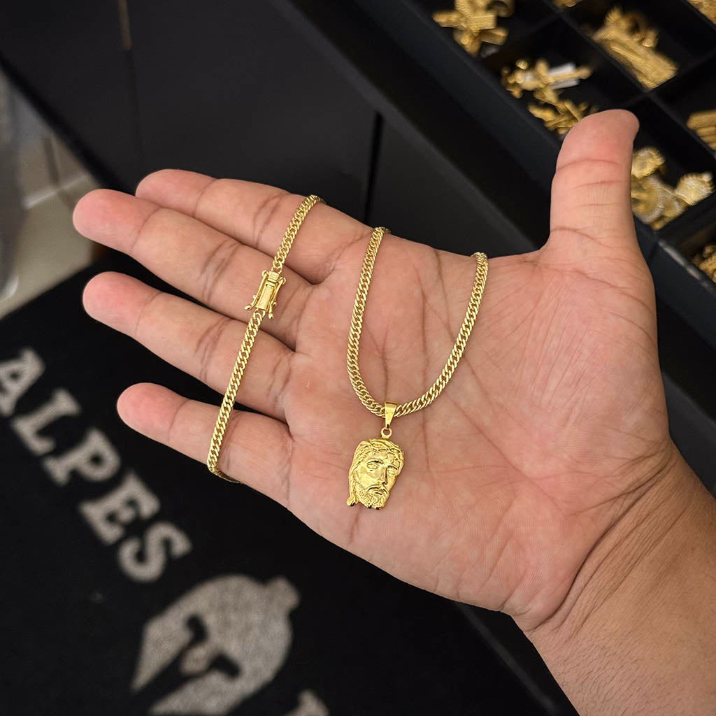 Corrente Grumet 3mm e Pingente Face de Cristo Banhado a Ouro 18K