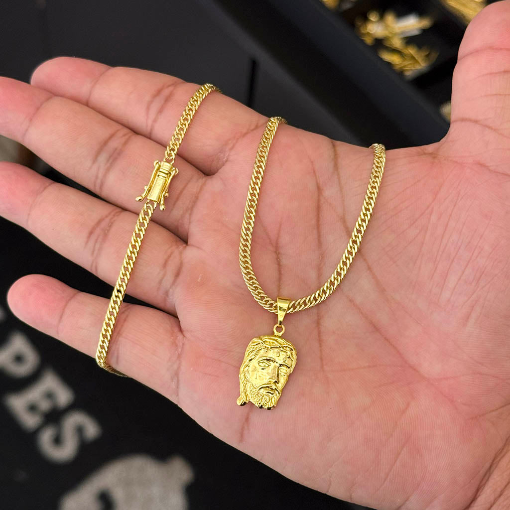 Corrente Grumet 3mm e Pingente Face de Cristo Banhado a Ouro 18K