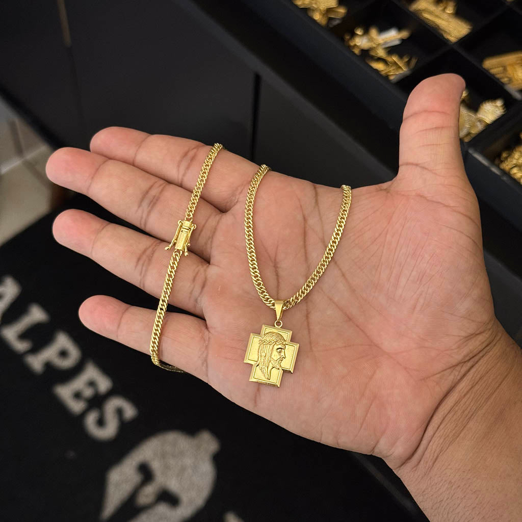 Corrente Grumet 3mm e Pingente Face de Cristo Perfil Banhado a Ouro 18K