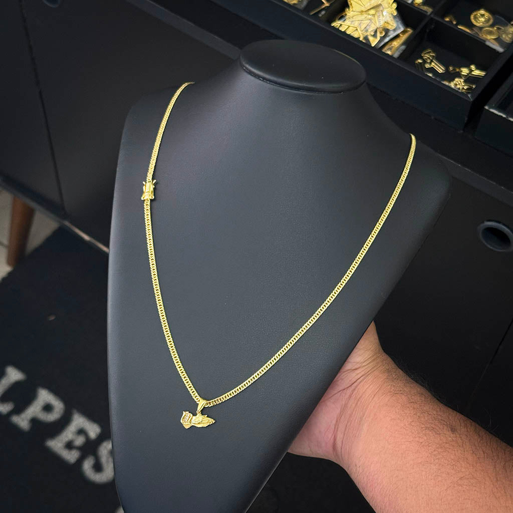 Corrente Grumet 3mm e Pingente Mão Orando Banhado a Ouro 18K
