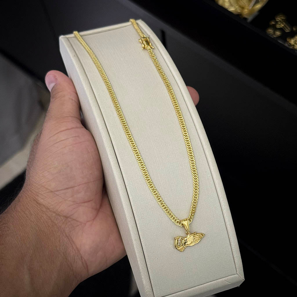 Corrente Grumet 3mm e Pingente Mão Orando Banhado a Ouro 18K