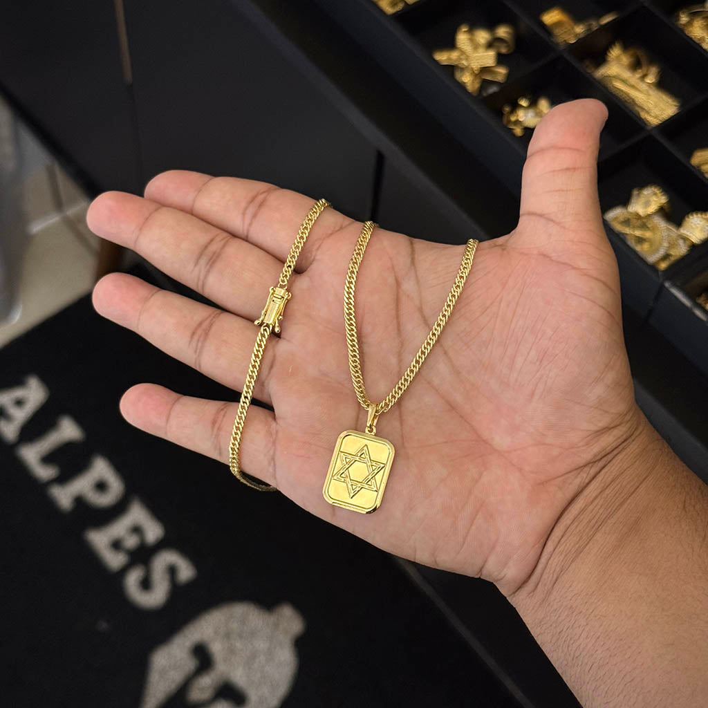 Corrente Grumet 3mm e Pingente Placa Estrela de Davi Banhado a Ouro 18K