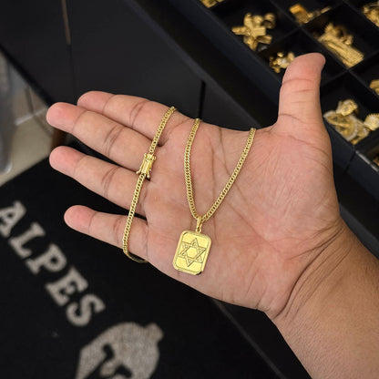 Corrente Grumet 3mm e Pingente Placa Estrela de Davi Banhado a Ouro 18K