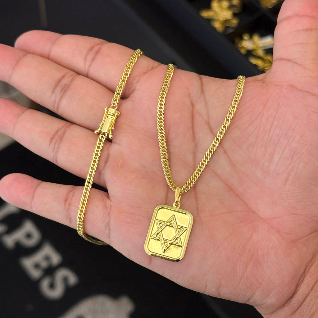 Corrente Grumet 3mm e Pingente Placa Estrela de Davi Banhado a Ouro 18K