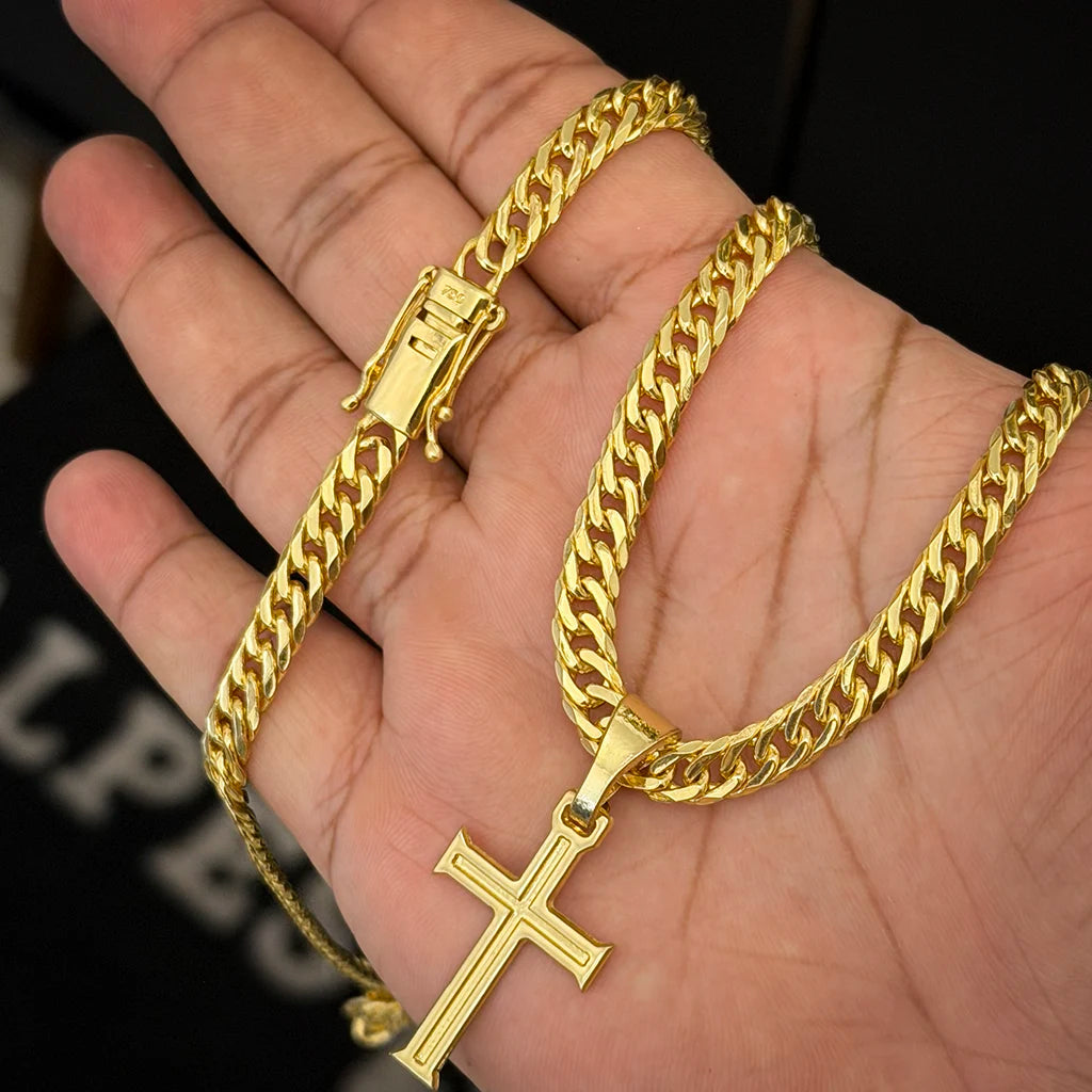 Corrente Grumet 7mm e Pingente Cruz Banhado a Ouro 18K