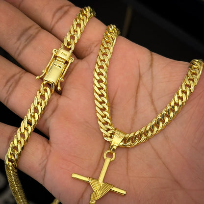 Corrente Grumet 7mm e Pingente Cruz Fio Banhado a Ouro 18K