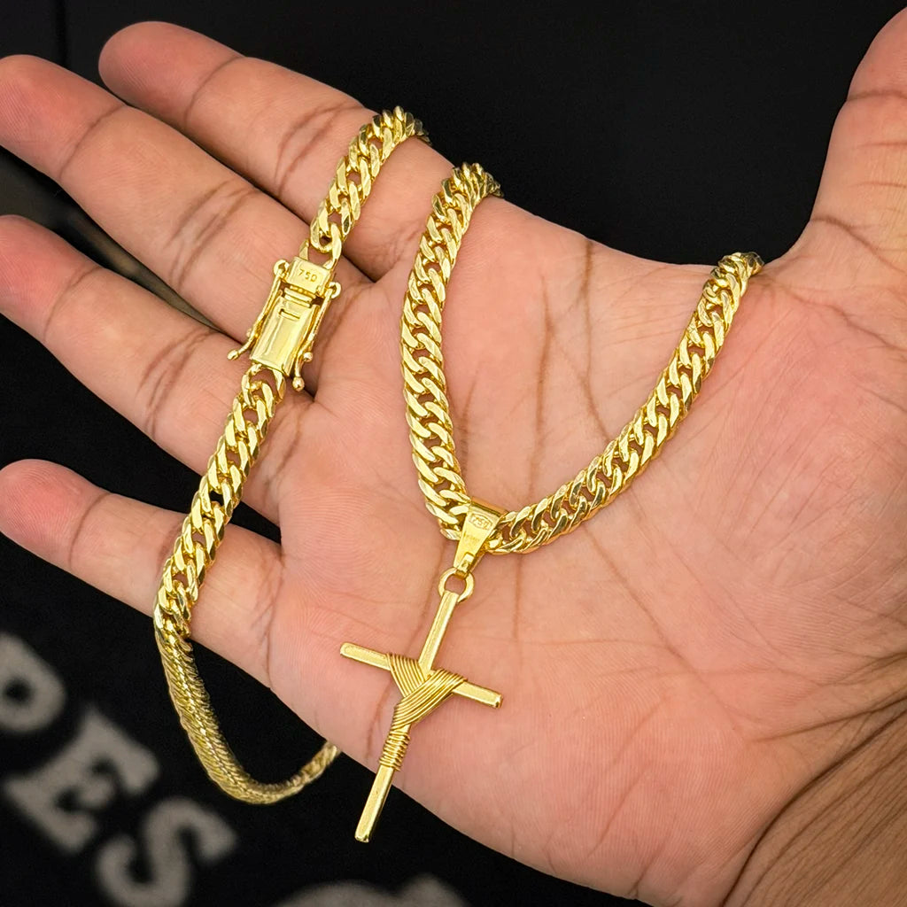 Corrente Grumet 7mm e Pingente Cruz Fio Banhado a Ouro 18K