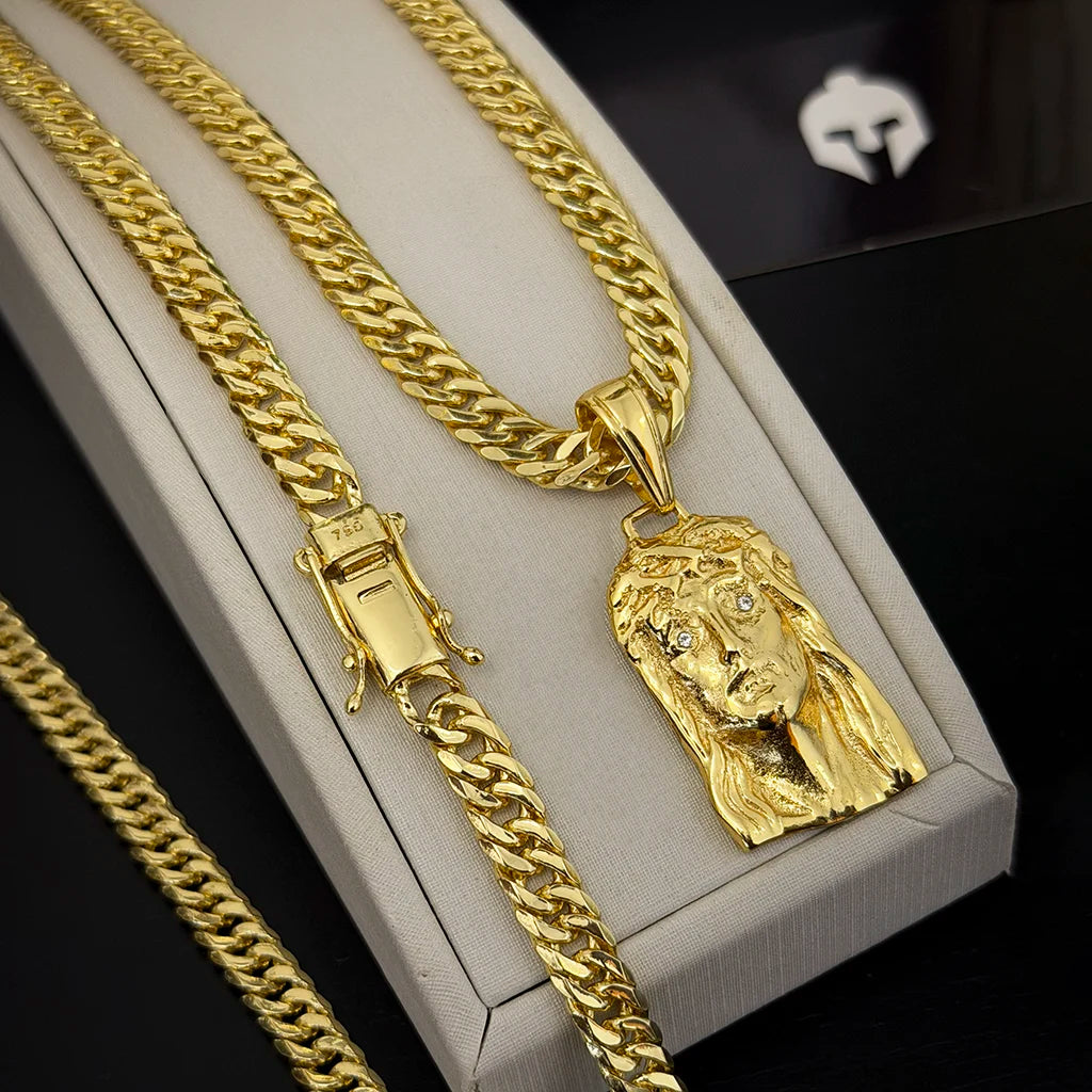 Corrente Grumet 7mm e Pingente Face de Cristo Maciça Banhado a Ouro 18K