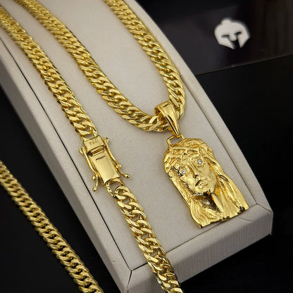Corrente Grumet 7mm e Pingente Face de Cristo Maciça Banhado a Ouro 18K