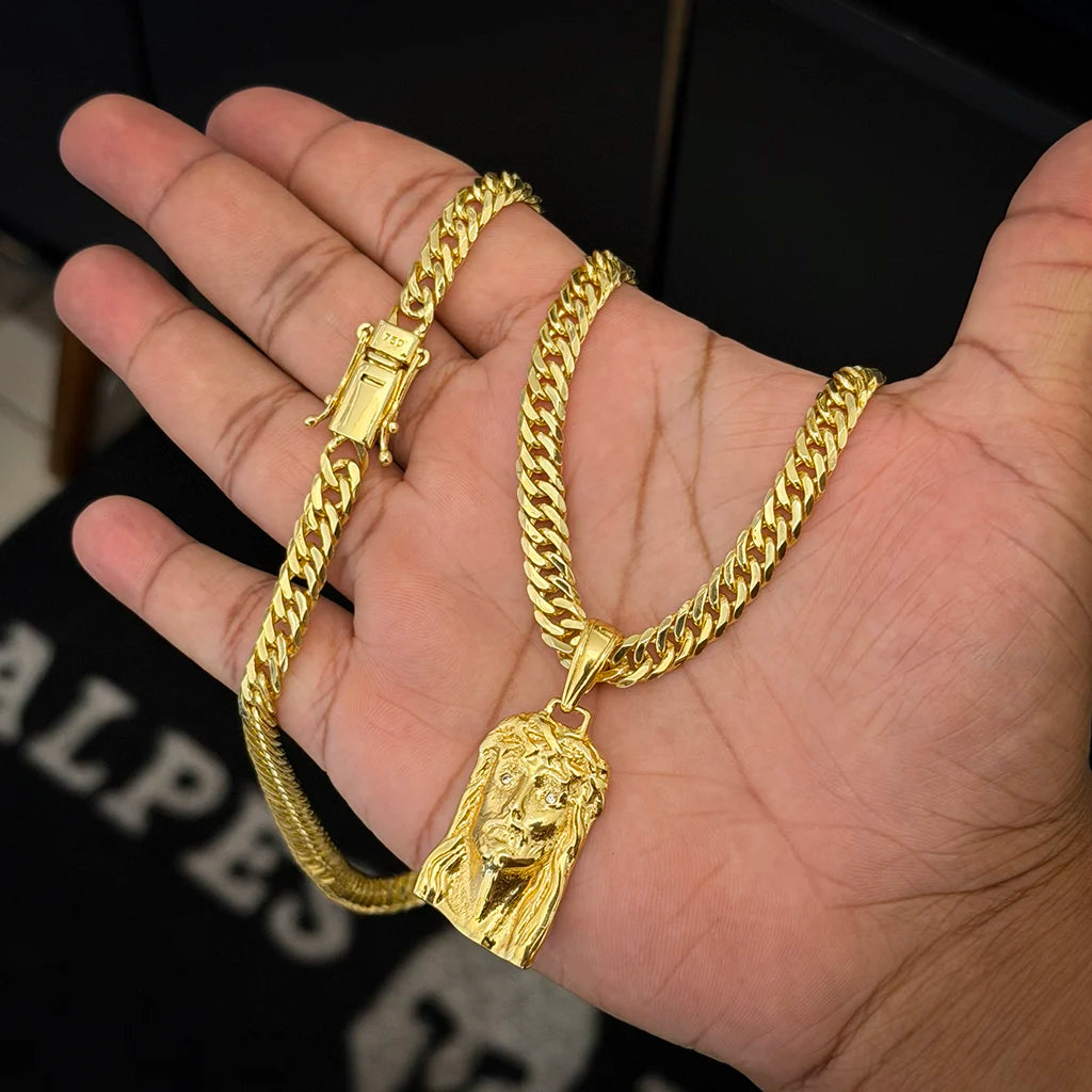 Corrente Grumet 7mm e Pingente Face de Cristo Maciça Banhado a Ouro 18K