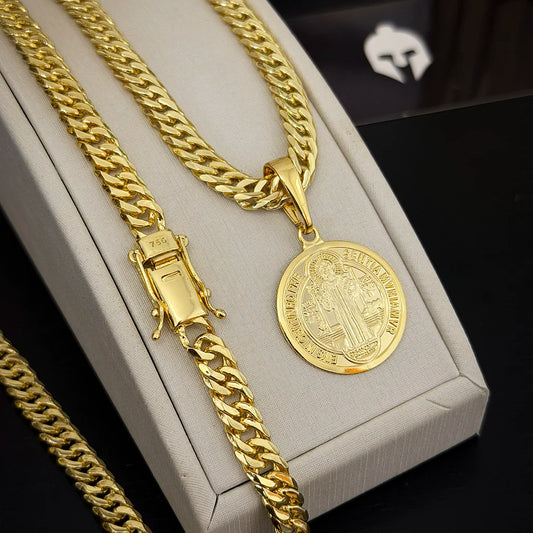 Corrente Grumet 7mm e Pingente São Bento Banhado a Ouro 18K
