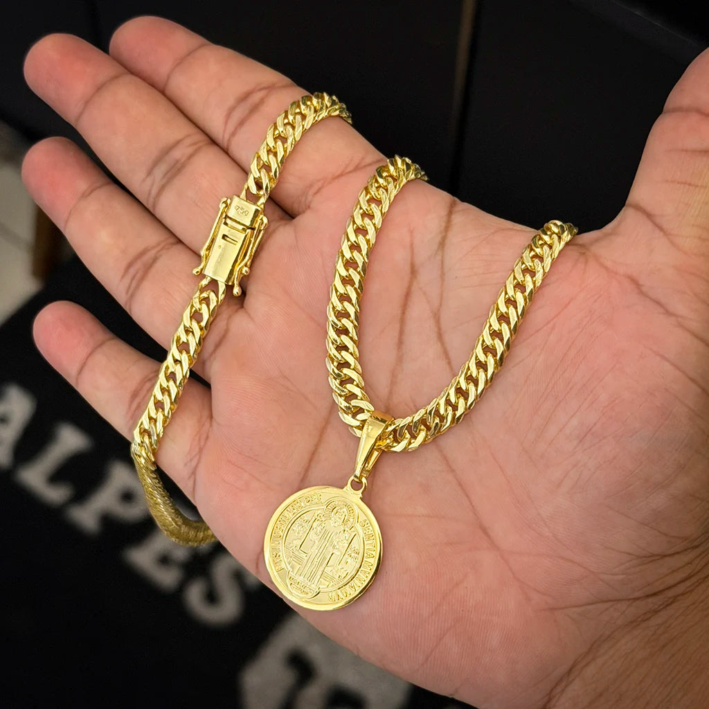 Corrente Grumet 7mm e Pingente São Bento Banhado a Ouro 18K
