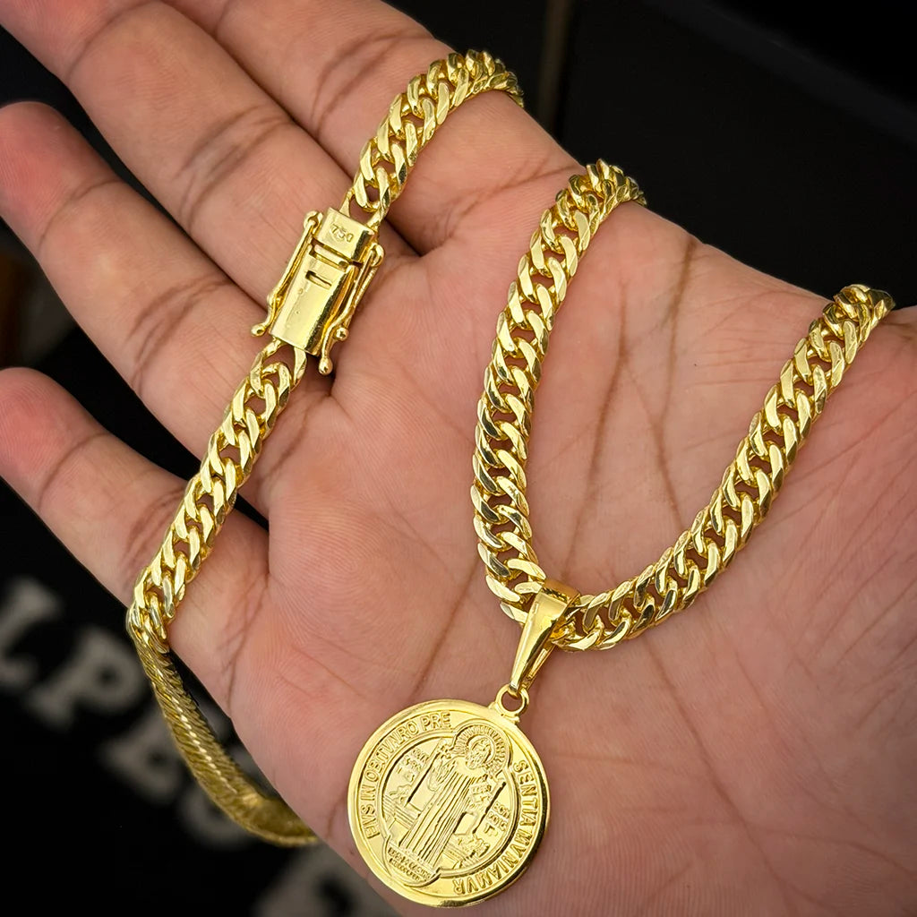 Corrente Grumet 7mm e Pingente São Bento Banhado a Ouro 18K