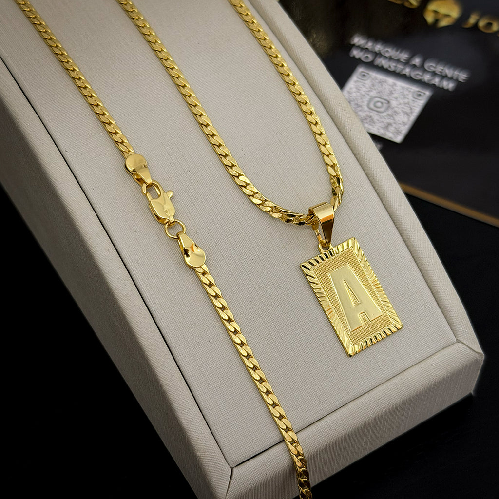 Corrente Grumet Flat 3mm e Pingente Letra Banhado a Ouro 18K